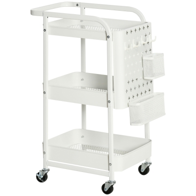 HOMCOM Rollwagen mit 3 Böden und Seitentafel, Stahl+PP, Weiß, 51,5 x 32 x 75,6 cm