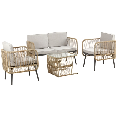 Outsunny Set de Mobilier Gradina 4 Piese din Ratan, Lounge de Exterior cu 2 Scaune, Canapea cu 2 locuri si Masutaa, Perne Tapitate, culoare Kaki