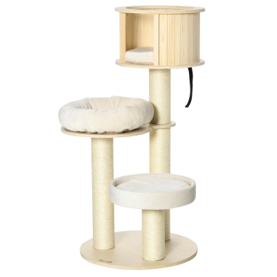 PawHut Kratzbaum mit drei Ebenen, Haus und Kissen, Natur+Creme, 59,5 x 59,5 x 122 cm