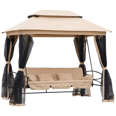 Outsunny Balansoar 3 Locuri Copertina tip Foisor cu Plasa de Tantari si Perne, Bej 256x172x248cm