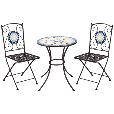 Outsunny Mobili da Giardino Set 3 Pezzi con 2 Sedie Pieghevoli e 1 Tavolino Rotondo, in Metallo e Ceramica