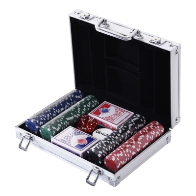 HOMCOM Maleta de Pôquer Profissional com 200 Fichas Jogo de Pôquer Casino com Maleta de Alumínio 5 Dados 2 Baralhos de Cartas e 1 Ficha de Dealer 29,5x20,5x6,5cm Multicor