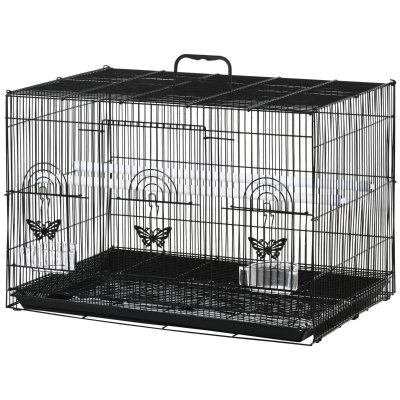 PawHut Jaula para Pájaros 60x41x41 cm Pajarera de Metal con Comederos 2 Perchas 3 Puertas y Asa de Transporte para Pájaros Pequeños Canarios Cotorras Negro