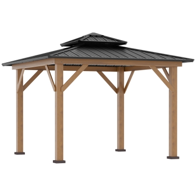 Outsunny 3.5 x 3.5m Outdoor Hardtop Gazebo Canopy with 2-Tier Roof and Solid Wood Frame Outdoor Patio Shelter for Patio, Garden, Grey