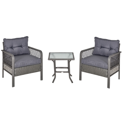 Outsunny Conjunto de Muebles de Ratán 3 Piezas de Jardín 2 Sillones 65x66x75 cm y Mesa de Vidrio Templado 50x50x50 cm con Cojines Acolchados para Terraza Patio Gris