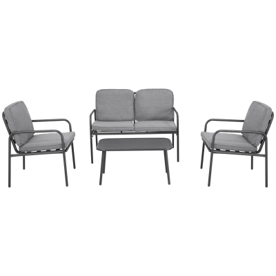 Outsunny Ensemble salon de jardin 4 pièces 4 personnes avec canapé 2 places, fauteuils et table basse 8 coussins pour terrasse jardin - métal époxy noir polyester gris