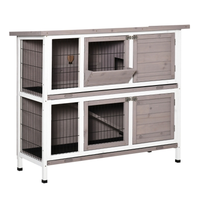 PawHut Clapier à lapin cage à lapin 2 étages trappe de séparation amovible sapin gris blanc