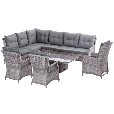 Outsunny 7 Pieces Outdoor PE Rattan Dining Set, Patio Wicker Conversation Sets, Adjustable Tempered Glass Table-top Dining Table and Recliner Chair w/ Adjustable Backrest & Soft Cushions, Mixed Grey
