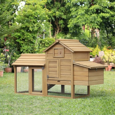 PawHut Galinheiro de Madeira de Abeto para Exterior Gaiola para 2-3 Galinhas com Cercado de Arame Teto Abatível Caixa Ninho Bandeja Removível e Rampa 150,5x54x87cm Natural