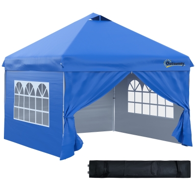 Outsunny Carpa Desmontable 3x3 m con Altura Ajustable de 3 Niveles Cenador de Jardín con 4 Paredes Extraíbles 2 Ventanas 4 Sacos de Arena y Bolsa de Transporte para Camping Azul