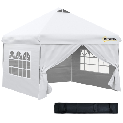 Outsunny Carpa Desmontable 3x3 m con Altura Ajustable de 3 Niveles Cenador de Jardín con 4 Paredes Extraíbles 2 Ventanas 4 Sacos de Arena y Bolsa de Transporte para Camping Blanco