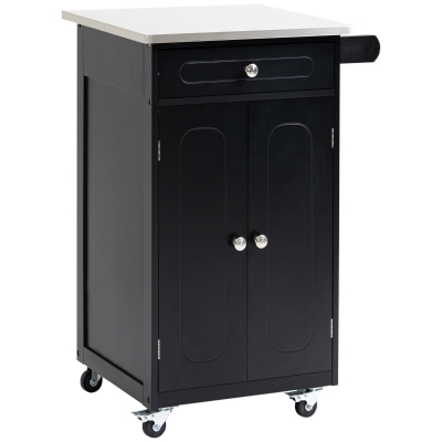 HOMCOM Chariot de service desserte de cuisine à roulettes multi-rangements 1 tiroir placard 2 portes avec étagère porte-torchons MDF noir acier inoxydable