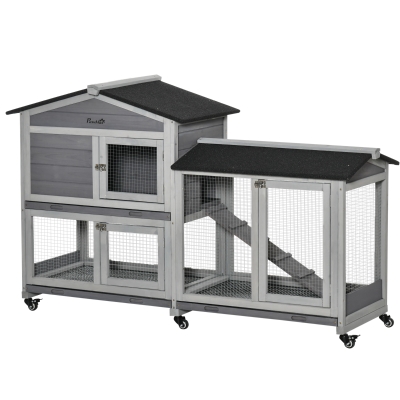 Clapier sur roulettes cage à lapins 2 niveaux 3 portes bois sapin gris