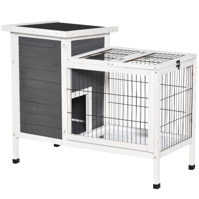 PawHut Cage à Lapin en Bois Grise et Blanche 92 x 55 x 76 cm