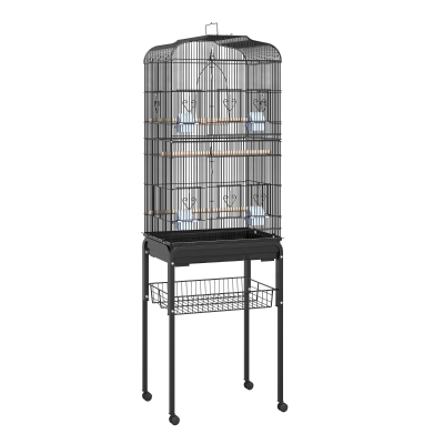 PawHut Gaiola para Pássaros com Rodas Bandeja Removível e Prateleira Inferior para Papagaios Canários 47,5x37x153 cm Preto
