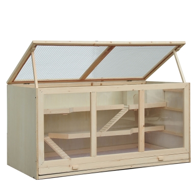 PawHut Hamsterkäfig Nagerkäfig Mäusekäfig Mit Treppen Nagervilla Dreistöckig Massivholz PVC Natur 115 x 57 x 55 cm