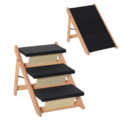 PawHut Haustiertreppe 2-in1 Hunderampe Katzentreppe 3 Stufen Hundetreppe Faltbar Tiertreppe für Katzen und Hunde Kiefernholz Natur+Schwarz 60 x 47 x 50 cm