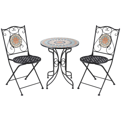 Outsunny 3 Piece Garden Bistro Set, Folding Outdoor Chairs and Mosaic Tabletop for Outdoor, Balcony, Poolside, Light Blue