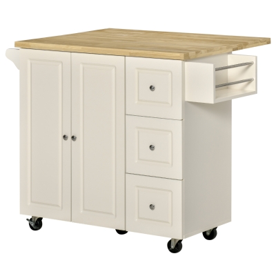 HOMCOM Küchenwagen Kücheninsel mit Arbeitsplatte Rollen Schublade und verstellbares Regal Küchenschrank Gummiholz MDF Weiß+Natur 111,5 x 45-75 x 89 cm
