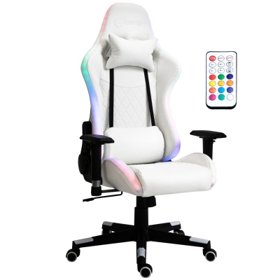 Vinsetto Gaming Stuhl mit RGB LED-Beleuchtung und Kissen Rückenlehne verstellbar Kunstleder Weiß+Schwarz 68 x 68 x 126-136 cm