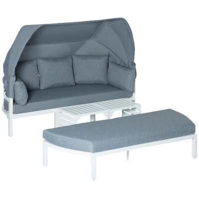 Outsunny 4 Pieces Outdoor Garden Sofa Set, Patio Lounge Bed Furniture Set, with Canopy, Padded Cushions & Side Tables, White