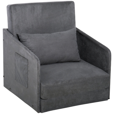 HOMCOM Faux Suede Sofa Bed Armchair Soft Floor Sleeper Lounger Futon Couch W/ Pillow and Pocket-Grey