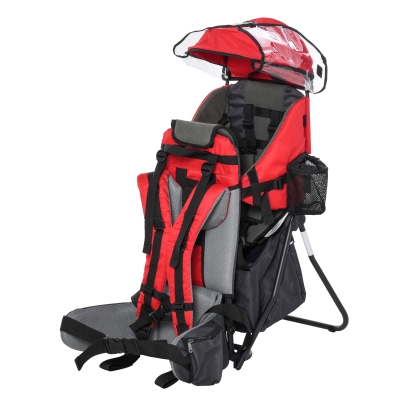 HOMCOM Mochila Portabebés Plegable Portador de Bebé Ergonómica con Techo Impermeable Base de Soporte y Múltiples Bolsillos para 6-36 Meses Carga 15 kg 38x77x87,5 cm Rojo