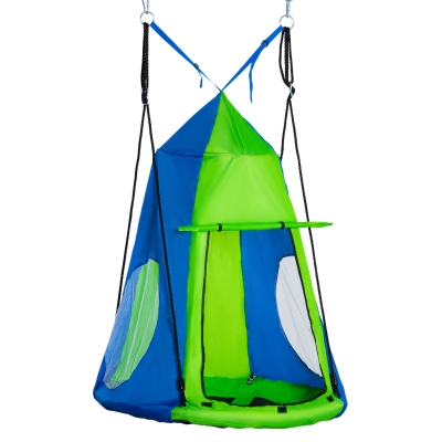 Outsunny Columpio con Tienda Infantil Columpio Nido con Puerta Enrollable y 2 Ventanas de Malla para Niños y Adultos Carga Max. 200 kg Interior y Exterior Ø100x180 cm Verde y Azul