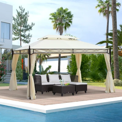 Outsunny Pérgola de Jardim 4x3m Pérgola com Teto Duplo Respirável com 4 Cortinas Laterais Removíveis Estrutura de Aço para Festas Casamentos Eventos Creme