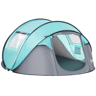 Outsunny 4 Person Pop Up Camping Tent with Vestibule Weatherproof Cover, Instant Backpacking Tent with 2 Windows 2 Doors Portable Carry Bag for Fishing Hiking, Tiffany Blue
