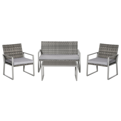 Outsunny Vierteiliges Gartenmöbel Set, Sitzgruppe, Sitzgarnitur, Sofa mit Sitzkissen, Kaffeetisch, Stahl, PE-Rattan, Grau