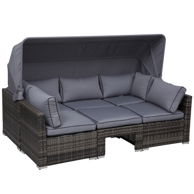 Outsunny Rattan Lounge Set, Sitzgruppe mit Sonnendach, Garten Loungegruppe, inkl. Kissen und Beistelltisch, Metall, Grau, 215 x 75 x 64 cm