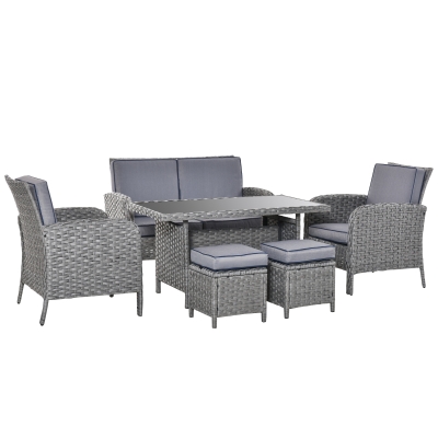 Outsunny 6-tlg. Luxus Polyrattan Garten Essgruppe Gartengarnitur Gartenmöbel Garten-Set Sitzgruppe Loungemöbel inkl. Esstisch und Fußhocker Sitzkissen Grau