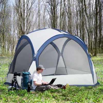 Outsunny 6-8 Person Dome Camping Tent with Mesh Doors, White/Blue