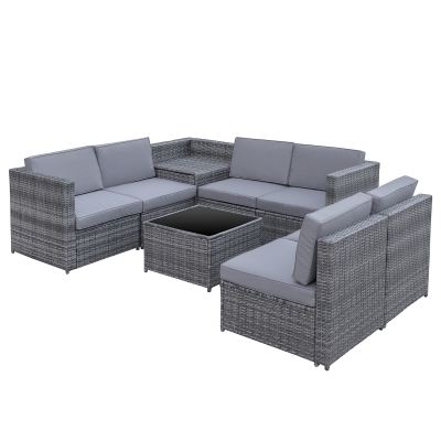 Outsunny 8-tlg. Polyrattan Gartengarnitur Gartenmöbel Garten-Set Sitzgruppe Loungeset Loungemöbel Beistelltisch als Aufbewahrungskorb Grau Stahl + Polyester 58 x 58 x 37 cm