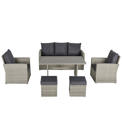 Outsunny Poly Rattan Sitzgruppe 6 tlg. Garten Essgruppe Sofa-Set Sofa Lounge Hocker Hof Balkon Pool PE Rattan Grau