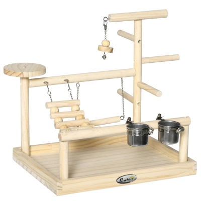 PawHut Terrain aire de jeu pour oiseaux en bois de pin avec échelle, grelot et balançoire pour perruches canaris dim. 45L x 36l x 33,5H cm