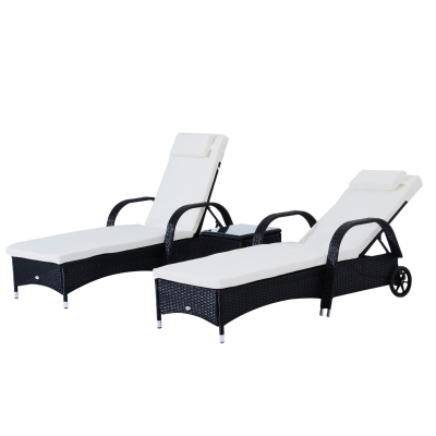 Outsunny Sonnenliege Gartenliege Tisch 3er-Set Gartenmöbel, Polyrattan+Metall Schwarz+Cremeweiß