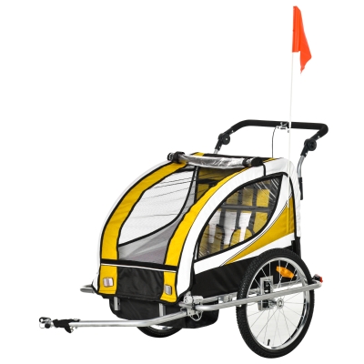 HOMCOM Remolque para Bicicleta con Barra para Niños de 2 Plazas con Rueda Delantera Giratoria 360° y Asiento Acolchado Carga Máx. 20,5 kg Amarillo