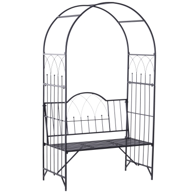 Outsunny Rosenbogen mit Bank Rosenbank Laubenbank Philosophenbank Rankgitter Rankhilfe Gartenbank Metall Schwarz 115 x 59 x 203 cm