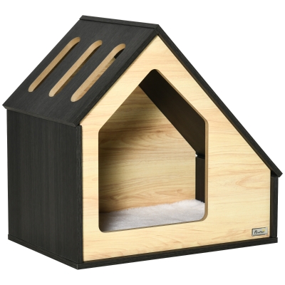 PawHut Casa de Madera para Perros Perrera Tipo Caseta para Uso Interior con Cojín Desenfundable Lavable y 3 Ventilaciones 60x40x59,2 cm Roble y Marrón Oscuro