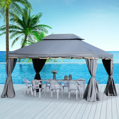 Outsunny Pérgola de Jardim 4x3m Pérgola de Alumínio com Teto de Ventilação 4 Cortinas Laterais Tela Mosquiteira  e 8 Orifícios de Drenagem para Exterior Pátio Festas Cinza