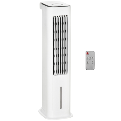 HOMCOM Ventilador de Torre 75W Altura 86 cm Oscilante con Control Remoto Depósito 5L 3 Modos 3 Velocidades Temporizador 12h y Pantalla LED Táctil 23x29x86 cm Blanco