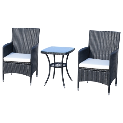 Outsunny Gartensitzgruppe mit Beistelltisch Bistroset 3-tlg. Balkonmöbel Set Rattan Gartenset Sitzgarnitur mit Sitzkissen Polyrattan + Stahl Schwarz 60 x 58,5 x 89,5 cm
