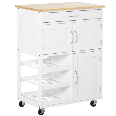 HOMCOM Carro de Cocina con Ruedas Carrito de Servicio con Cajón 2 Armarios de Almacenaje y 3 Estantes Abiertos de 9 Botellas para Comedor Restaurante 67x37x87 cm Blanco