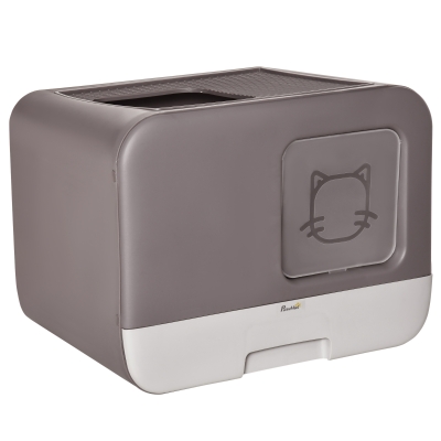 PawHut Caja de Arena para Gatos Arenero Cerrado para Gatos con Entrada Delantera Salida Superior Bandeja Extraíble y Pala 53x40x40 cm Gris Morado
