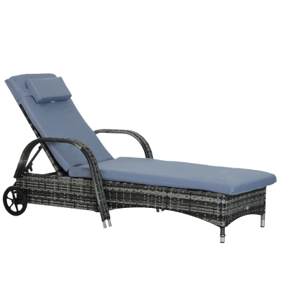 Outsunny Gartenliege Sonnenliege Rattanliege Gartenmöbel Liege mobil mit Kissen, Polyrattan+Metall, Grau, 200x73x30-103cm