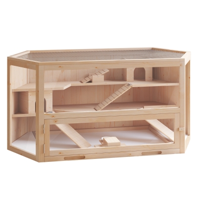 PawHut Gabbia per Roditori e Criceti a 2 Ripiani con Tetto Apribile in Legno 115x60x58cm