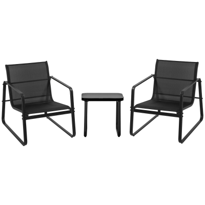 Outsunny Conjunto de Muebles de Jardín 3 Piezas Mesa de Vidrio Templado 43x43x41 cm y 2 Sillas 62x78x75 cm con Reposabrazos y Respaldo Transpirable para Terraza Balcón Negro