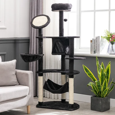 PawHut Árvore Arranhador para Gatos Grande Altura 153cm Torre de Escalada para Gatos com Caverna Redes Plataformas Postes Arranhadores de Sisal e Bola Suspensa Cinza Escuro